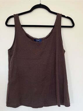Chaps Brown Lace-Trim Cotton Tank Top large
